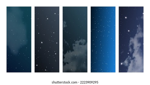 Cielo nocturno con nubes y muchas estrellas. Conjunto de antecedentes verticales de naturaleza abstracta con polvo de estrellas en un universo profundo. Ilustración del vector
