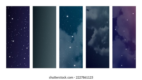 Night sky with clouds and many stars. Set of abstract nature vertical backgrounds with stardust in deep universe. Vector illustration