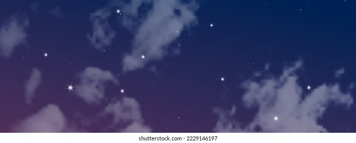 Night sky with clouds and many stars. Abstract nature background with stardust in deep universe. Vector illustration.