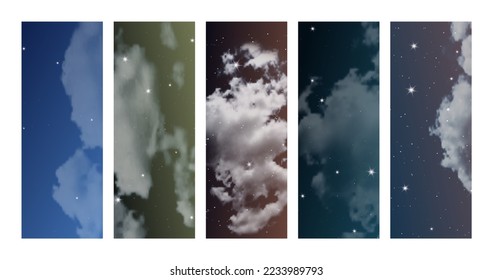 Night sky with clouds and many stars. Set of abstract nature vertical backgrounds with stardust in deep universe. Vector illustration