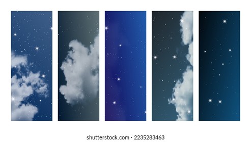 Night sky with clouds and many stars. Set of abstract nature vertical backgrounds with stardust in deep universe. Vector illustration