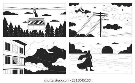 Night sky clouds with moon black and white lo fi chill wallpaper set. Dusk cityscape 2D vector cartoon landscape, cityscape illustrations pack, minimalism background. 80s retro album art, line art