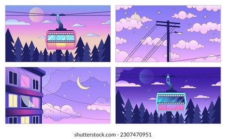 Night sky clouds with moon lo fi chill wallpaper set. Dusk cityscape 2D vector cartoon landscape, cityscape illustrations pack, vaporwave background. 80s retro album art, synthwave aesthetics