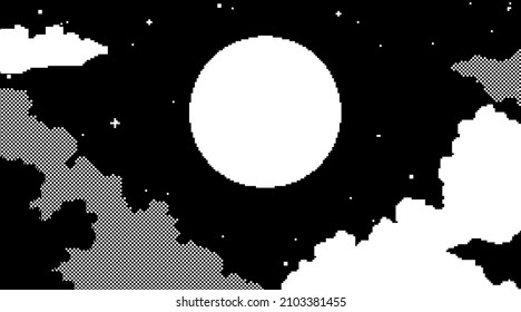 Night sky and clouds with moon and stars, pixels art blank background illustration design, simple mono black and white style, cute retro 8bit technology vibe