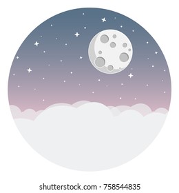 night sky with clouds, moon and stars flat design icon