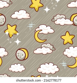 Night Sky with Clouds and Moon Vector Seamless Pattern