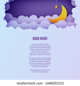 Night sky clouds rectangular frame with star on rope and moon in paper cut style. Cut out 3d background with crescent and cloudy landscape papercut art. Fairy tale vector card illustration