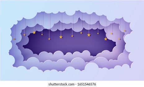 Night sky clouds rectangular frame with stars on rope in paper cut style. Cut out 3d background with violet blue gradient cloudy landscape papercut art. Vector card for wish good night sweet dreams.