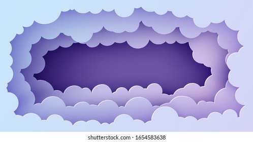 Night sky clouds rectangular frame in paper cut style. Cut out 3d background with violet blue gradient cloudy panorama landscape papercut art. Cute vector card for wish good night sweet dreams.