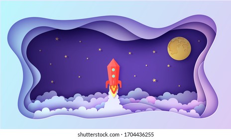 Night sky clouds in rectangular wavy frame and red rocket in paper cut style. Vector 3d background with full moon, stars and planet cloudy panorama landscape and spacecraft launch papercut art.