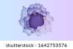 Night sky clouds round frame with stars on rope in paper cut style. Cut out 3d background with violet and blue gradient cloudy landscape papercut art. Vector card for wish good night sweet dreams