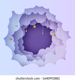 Night sky clouds round frame with stars on rope in paper cut style. Cut out 3d background with violet and blue gradient cloudy landscape papercut art. Vector card for wish good night sweet dreams