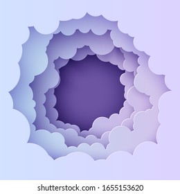 Night Sky Clouds Round Frame In Paper Cut Style. Cut Out 3d Background With Violet And Blue Gradient Cloudy Landscape Papercut Art. Cute Vector Illustration For Wish Good Night Sweet Dreams