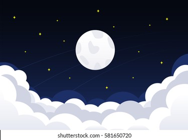 Night sky with clouds, stars and crescent moon. Vector illustration