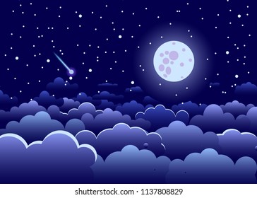 Night sky with clouds and stars, and the full glowing moon, landscape dark blue, vector