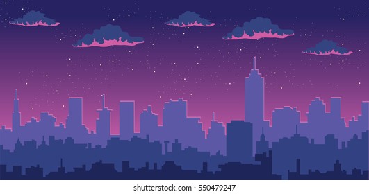 Night sky, clouds and stars over city silhouette
vector cityscape illustration