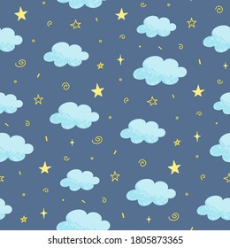 Night sky with clouds and stars pattern. Hand drawn wector illustration isolated on blue.