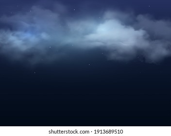 Night sky with clouds and stars realistic vector background. 3d dark blue midnight heaven with foggy cold air, starlights and glowing comets of milky way constellations, space, astronomy, magic themes