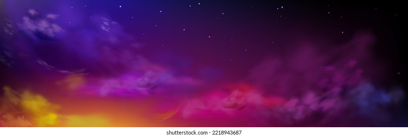 Cielo nocturno con nubes y estrellas coloridas, cielo estrellado, fondo panorámico oscuro con luz amarilla, violeta, rosa y lila que refleja las nubes. Universo, espacio Vector realista y paisaje misterioso