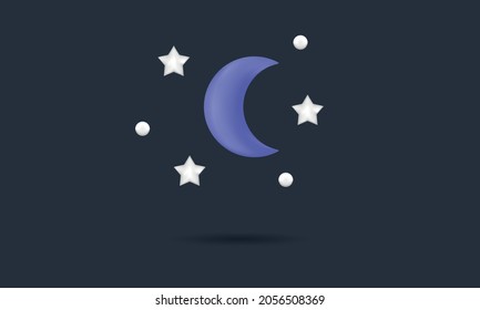 Night sky concept. Moon with stars isolated on dark background. Realistic icon for social media, web design, weather forecast. 3d Moon with stars. Vector illustration