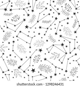 Night sky concept. Seamless pattern with shooting stars, leaves, herbs and zodiac signs.