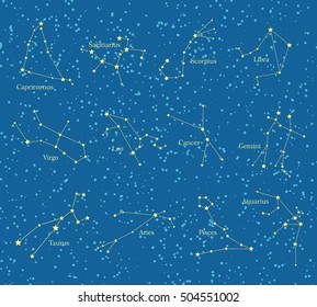 Night sky with constellation. Vector illustration. Capricorn, Sagittarius,Scorpius, Libra, Virgo, Leo, Cancer, Gemini, Taurus, Aries, Pisces, Aquarius zodiacal constellations. For astronomical concept