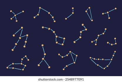 Constelaciones de cielo nocturno con patrones de estrellas sobre fondo azul oscuro.