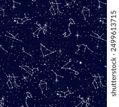 Night sky with constellations.Vector seamless pattern with stars and constellations on a blue background.