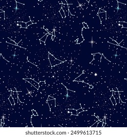 Night sky with constellations.Vector seamless pattern with stars and constellations on a blue background.