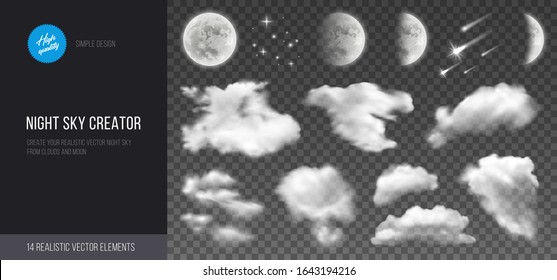 Night sky creator. Realistic vector phases of the moon, clouds and stars.  Transparent background.