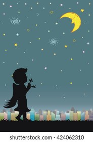 Night sky with crescent moon and city. Silhouette of angel praying at night. Cartoon drawing for astrology design.