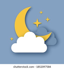 Night sky with crescent moon. Cloudy sky. Stars. Paper cut Weather.