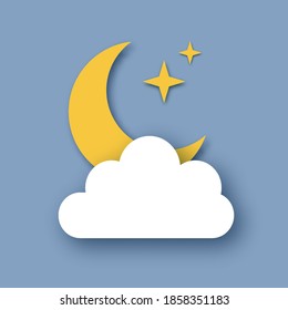 Night sky with crescent moon. Cloudy sky. Stars. Paper cut Weather.