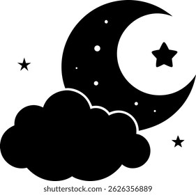 Night sky, crescent moon, fluffy cloud, twinkling stars, black and white silhouette, minimalist design on white background