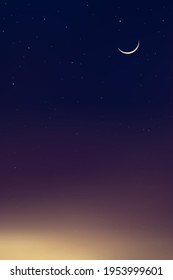 Night Sky with Crescent Moon and Star, Vertical Dramatic Dark Blue,purple and yellow Sky, Dusk Sky and Twilight,Vector religions symbolic of Islamic or Muslim for Ramadan Kareem, Eid Mubarak banner