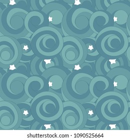 Night sky with crescent moon, stars and whirling clouds. Seamless endless pattern. Vector illustration.