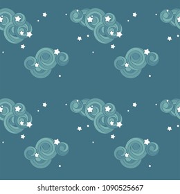 Night sky with crescent moon, stars and whirling clouds. Seamless endless pattern. Vector illustration.