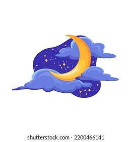 Night sky with crescent moon, stars and clouds vector illustration. Cartoon isolated cute midnight scene with yellow romantic moonlight, fantasy constellations shine and glow in dark blue space