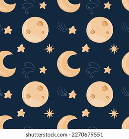 
Night sky, crescent, moon and stars. Vector seamless pattern 