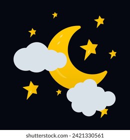 Night sky with crescent moon, stars and clouds. Vector illustration.