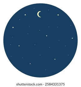 
Night sky with crescent moon and stars. Round dark blue background isolated on white. Summer lunar firmament. Icon. Flat.