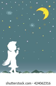 Night sky with crescent moon and stars. Silhouette of angel praying at night.
Cartoon drawing for astrology design.