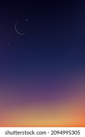 Night Sky with Crescent Moon and Stars,Landscape Dramatic Dark Blue, Purple and Orange,Dusk Sky and Twilight,Natural Vertical background,Concept symbol of religion islamic,Eid Mubarak, Ramadan Kareem