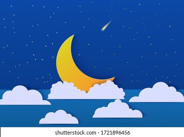 Night sky and crescent paper cut style. Cut out 3d evening landscape with blue backdrop, cloud moon stars falling meteorite papercut. Cute kids origami cloudscape. Vector good night sweet dreams card