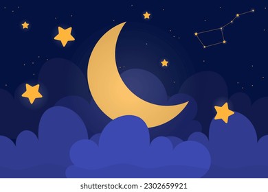 Night sky with crescent. Stars, constellations and moon near clouds. Beautiful natural landscape and panorama. Sleepiing and relaxing dreamy night. Cartoon flat vector illustration