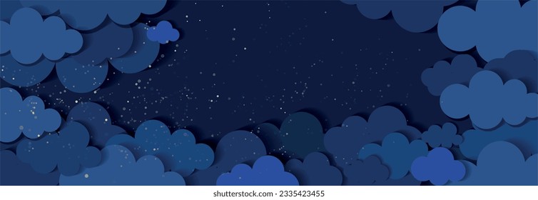 The night sky is cut out of paper. Night clouds with a background with stardust (stars) on dark blue. Magical concept, simple design. Peaceful night background in stylized cartoon style. Vector