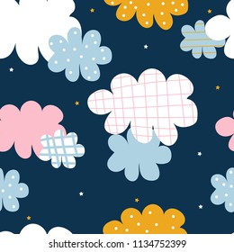 Night sky with cute clouds and stars seamless pattern. Sweet kids graphic. Vector hand drawn illustration.