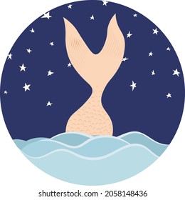Night sky and cute mermaid tale in ocean. Vector illustration for birthday card design or print.