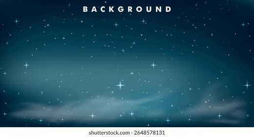 céu noturno com um gradiente escuro, pontilhado por estrelas pequenas. Várias nuvens claras e fofas são visíveis no primeiro plano, flutuando horizontalmente.