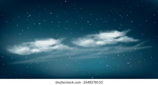 céu noturno com um gradiente escuro, pontilhado por estrelas pequenas. Várias nuvens claras e fofas são visíveis no primeiro plano, flutuando horizontalmente.